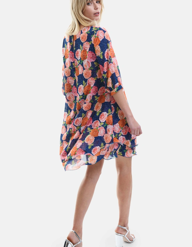 Rose Print Wave Hem Dress Navy