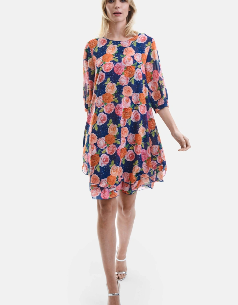 Rose Print Wave Hem Dress Navy