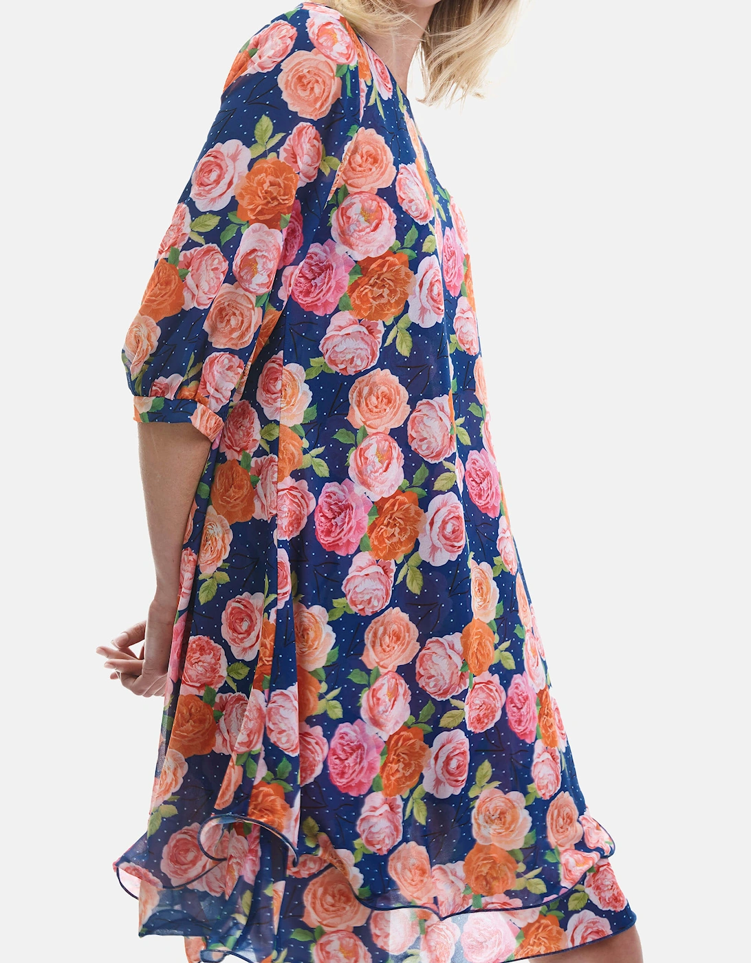 Rose Print Wave Hem Dress Navy