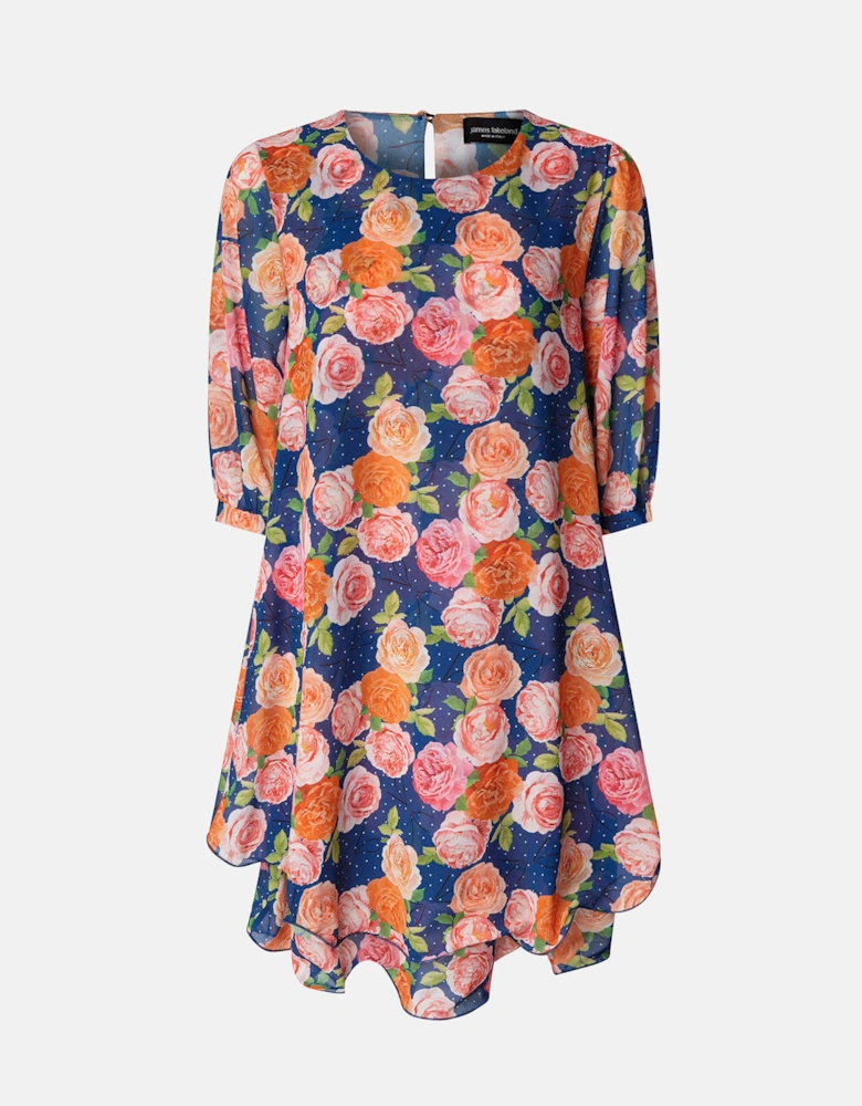 Rose Print Wave Hem Dress Navy