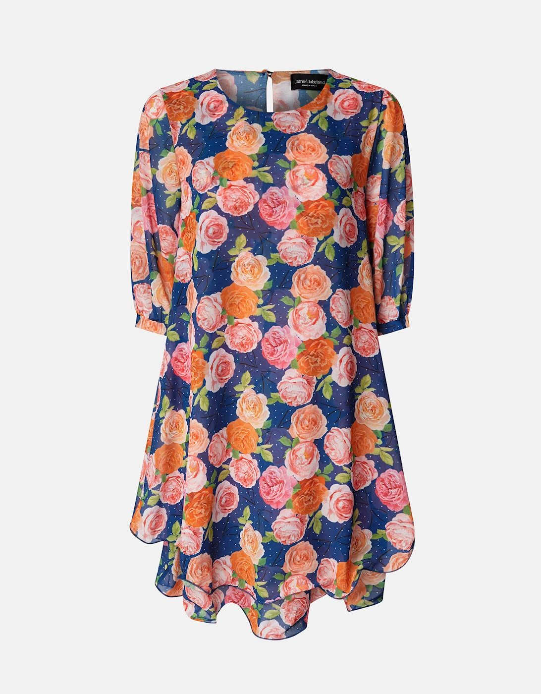 Rose Print Wave Hem Dress Navy