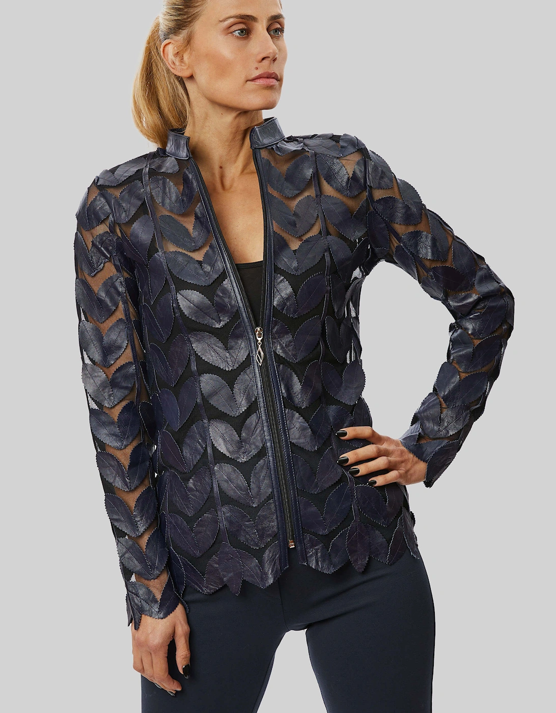 Leather Leaf Sheer Jacket Navy