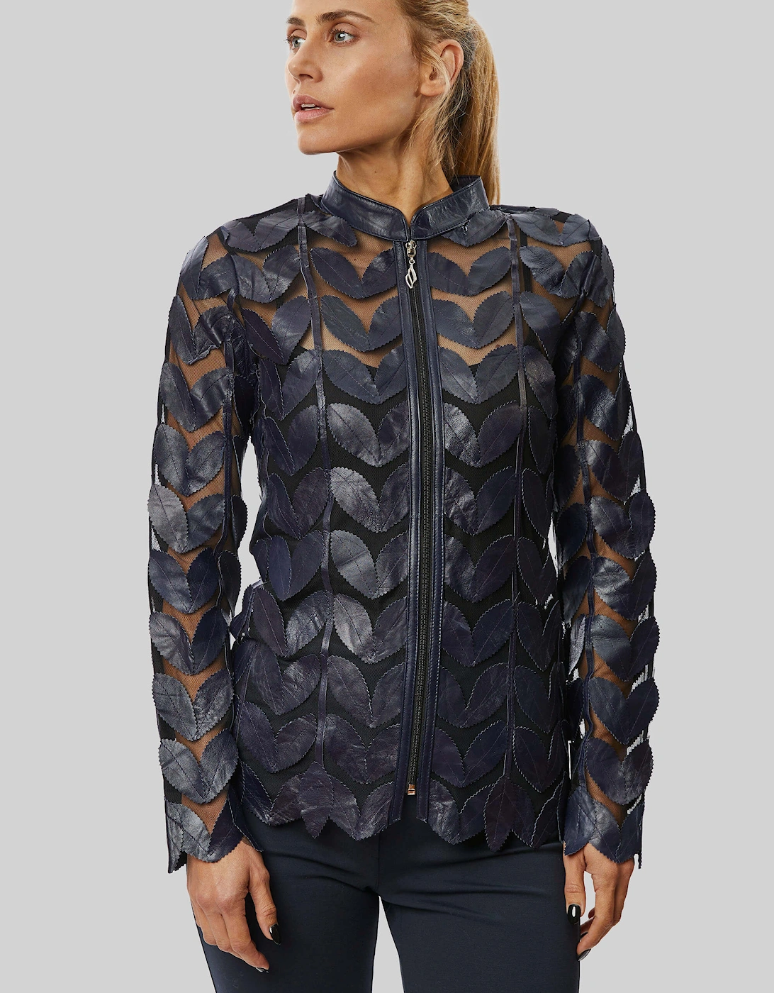 Leather Leaf Sheer Jacket Navy