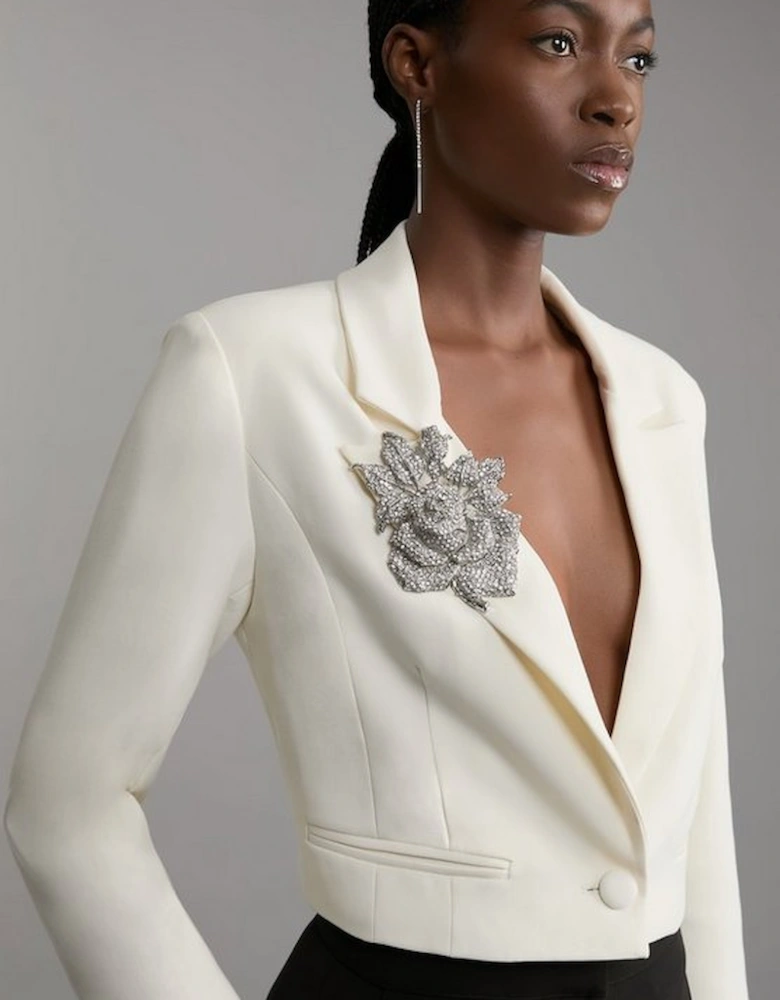 Compact Stretch Crystal Embellished Rosette Cropped Tailored Blazer