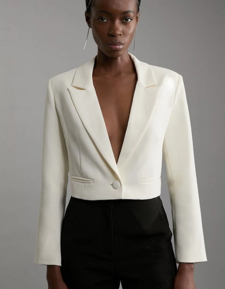 Compact Stretch Crystal Embellished Rosette Cropped Tailored Blazer