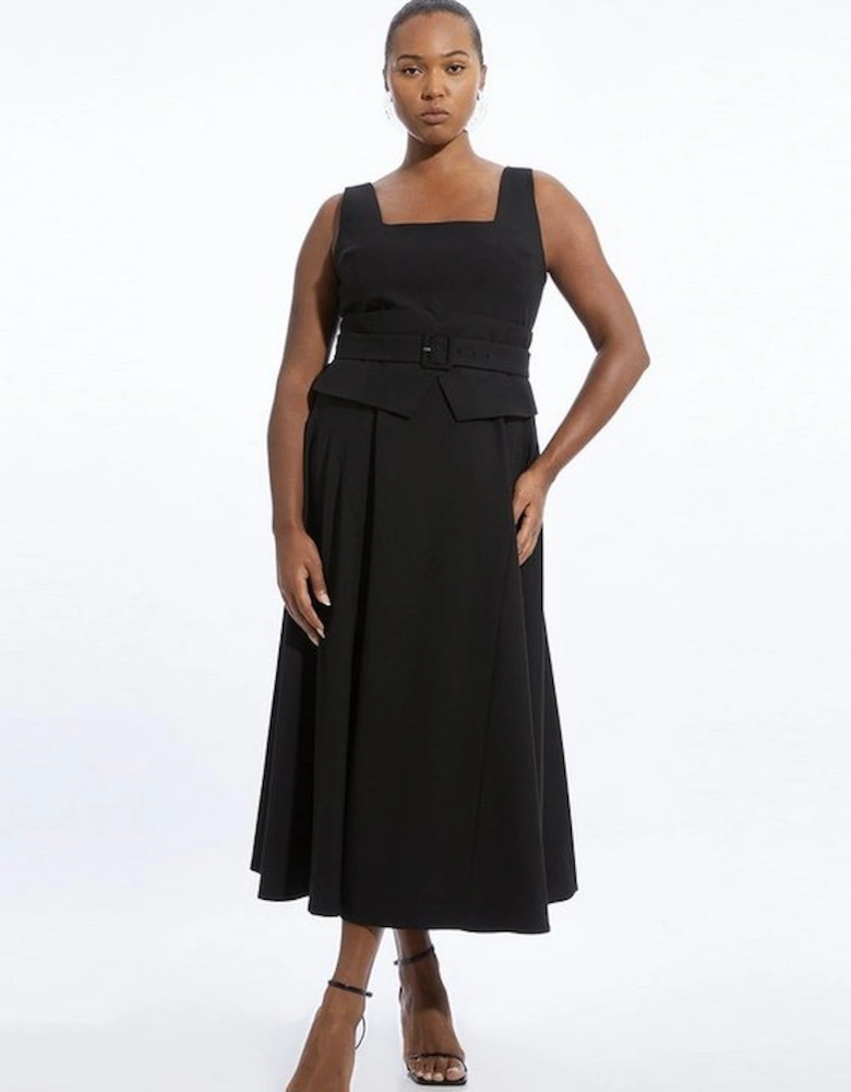 Plus Size Tailored Full Skirted Panel Belted Midi Dress