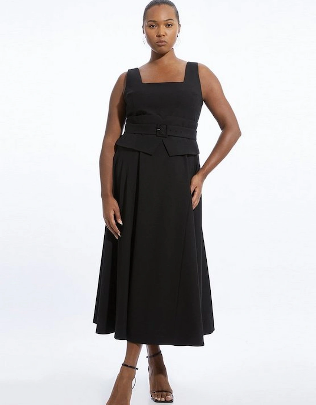 Plus Size Tailored Full Skirted Panel Belted Midi Dress, 5 of 4