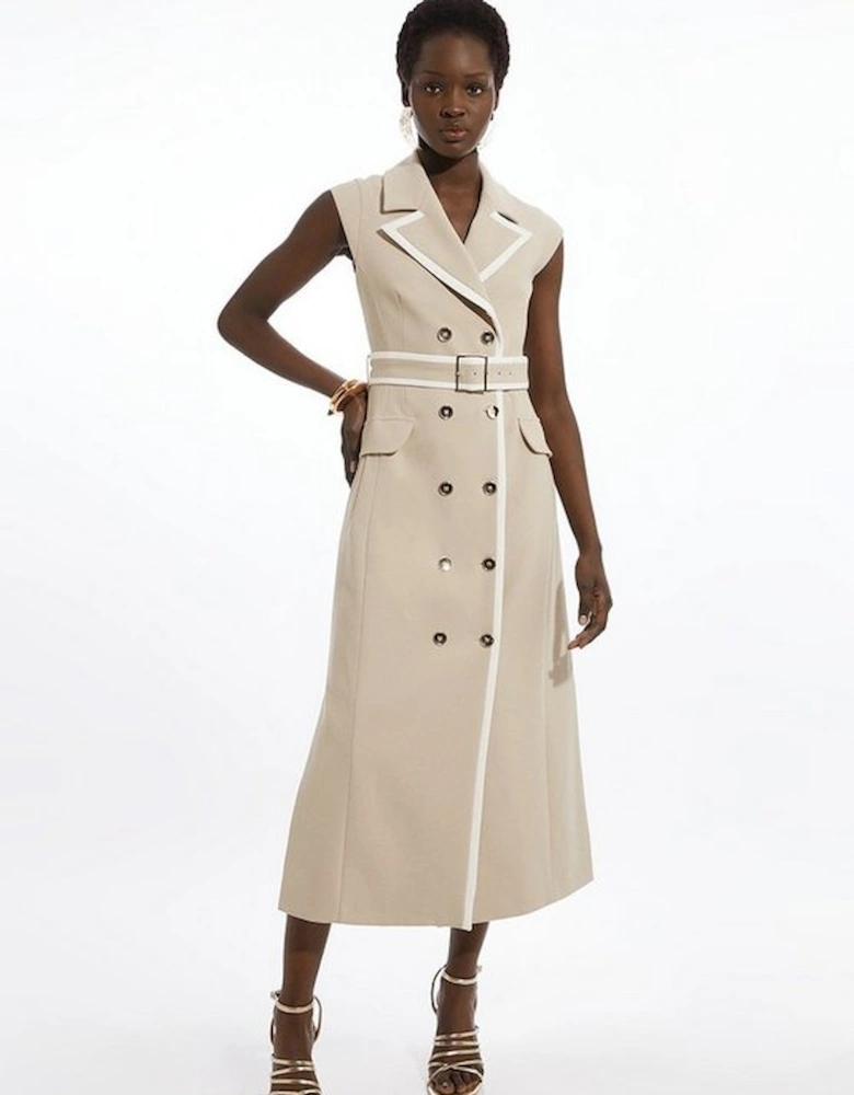 Compact Stretch Double Breasted Belted Tipped Tailored Midi Dress