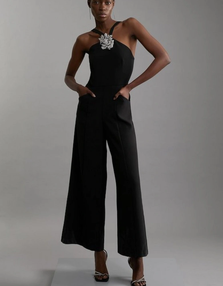 Compact Stretch Viscose Crystal Embellished Rosette Wide Leg Tailored Jumpsuit