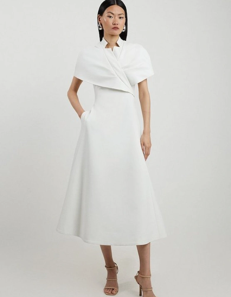 Petite Structured Crepe Cape Detail Full Skirted Tailored Midi Dress