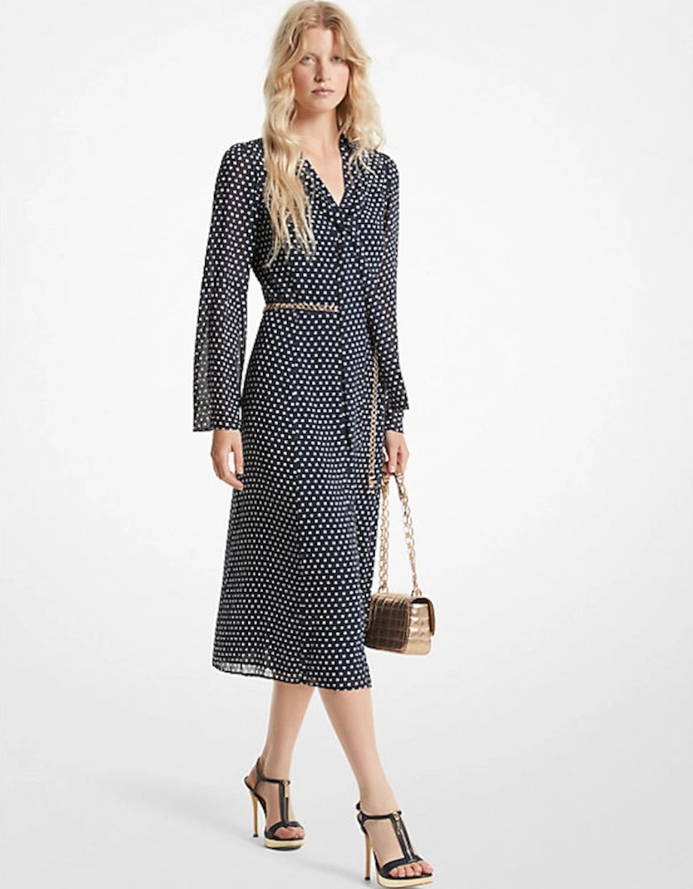 Polka Dot Georgette Tie-Neck Midi Dress