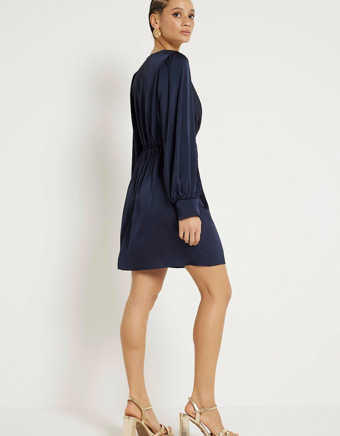 V-Neck Twist Front Shirt Dress - Navy