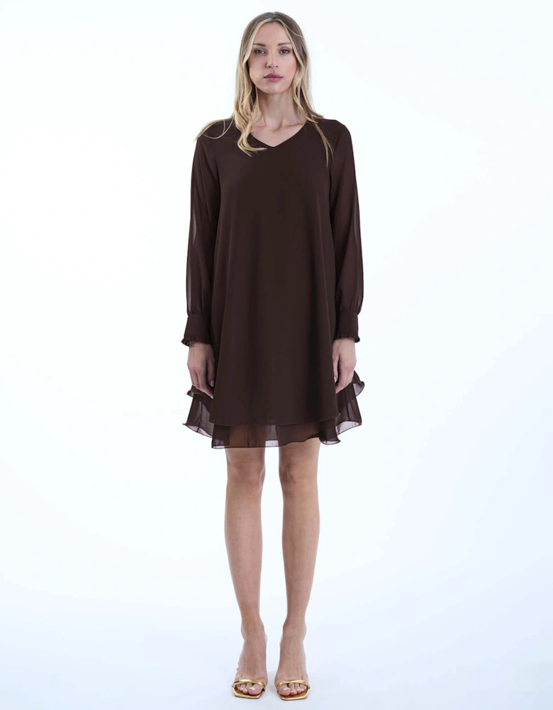 Long Sleeve Brown Wave Hem Dress