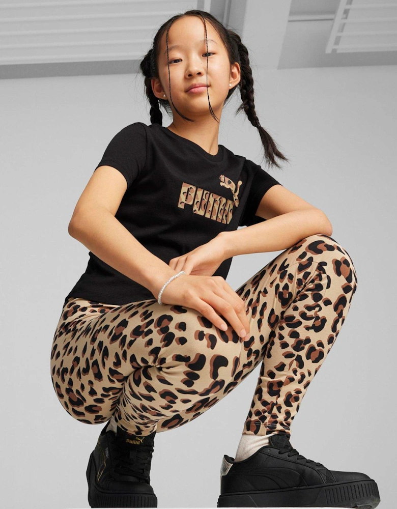 Girls Ess+ Animal Knotted T-Shirt - Cream - Black/Animal Print