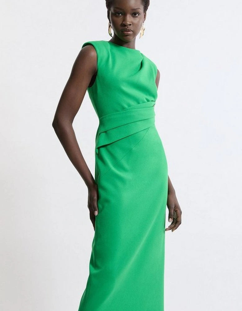 Structured Crepe Asymmetric Drape Waist Tailored Midi Dress