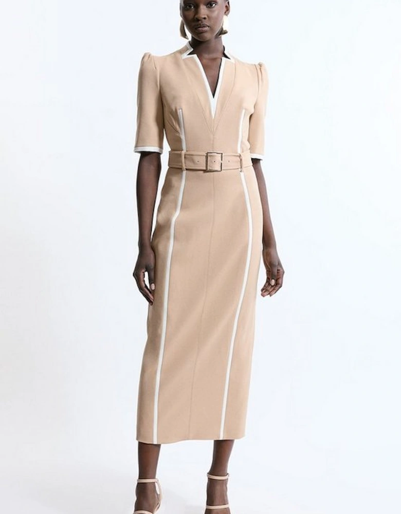 Tall Compact Stretch Contrast Tipped Forever Belted Tailored Midi Dress