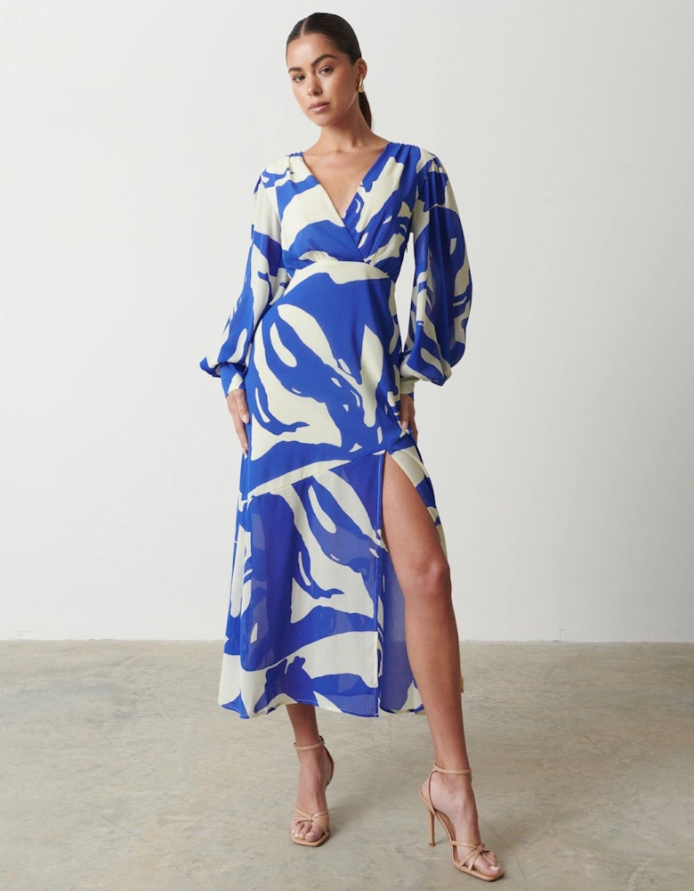 Lilianna Backless Balloon Sleeve Printed Dress - Abstract - Blue