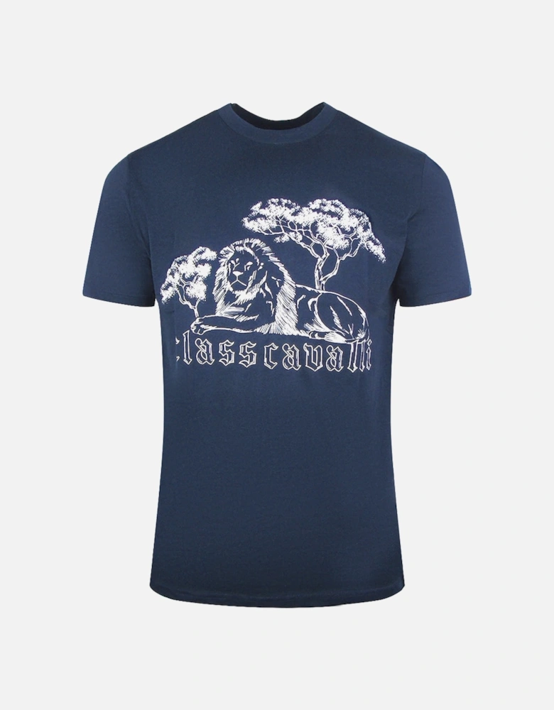 Cavalli Class Resting Lion Design Navy Blue T Shirt