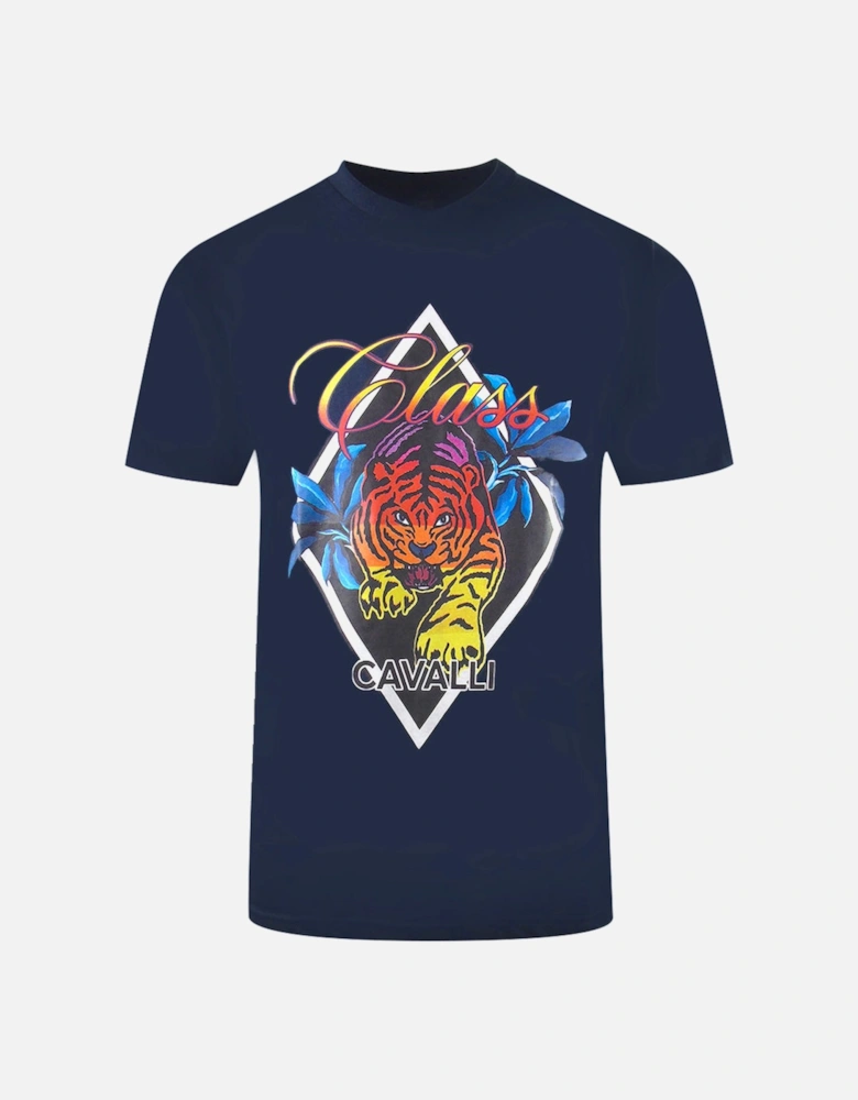 Cavalli Class Diamond Tiger Design Navy Blue T Shirt