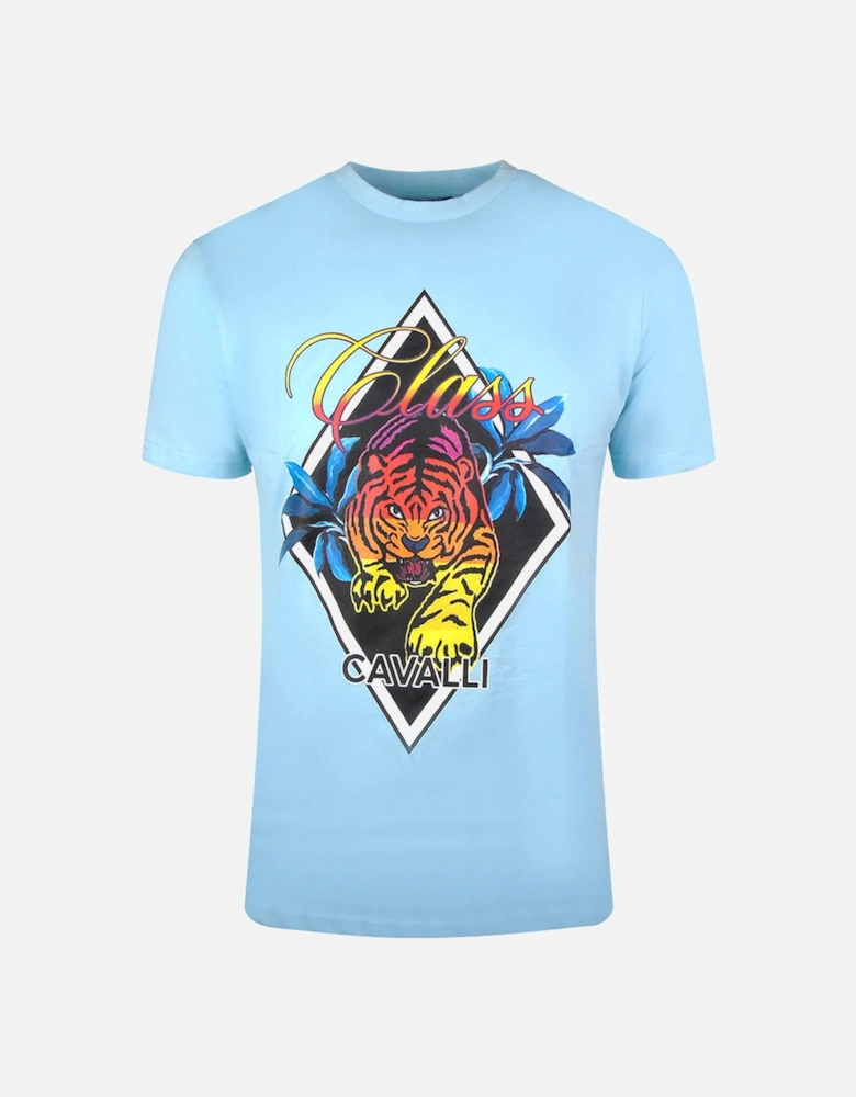 Cavalli Class Diamond Tiger Design Light Blue T Shirt