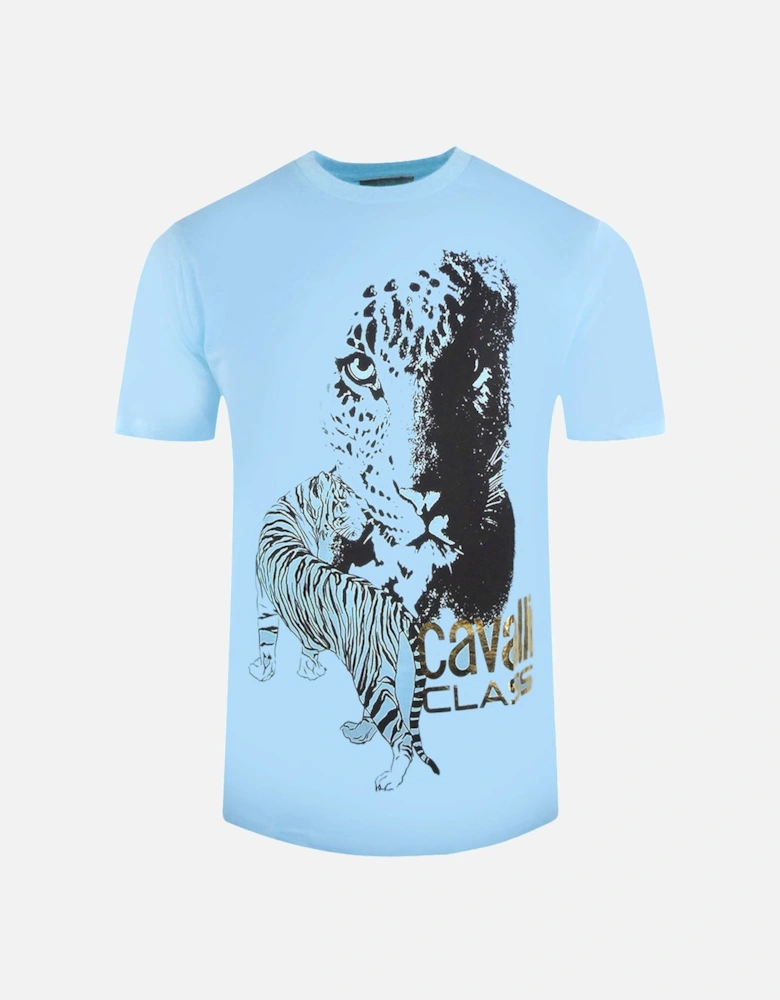 Cavalli Class Large Tiger Design Light Blue T Shirt