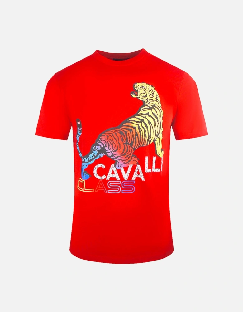 Cavalli Class Bold Tiger Design Red T Shirt