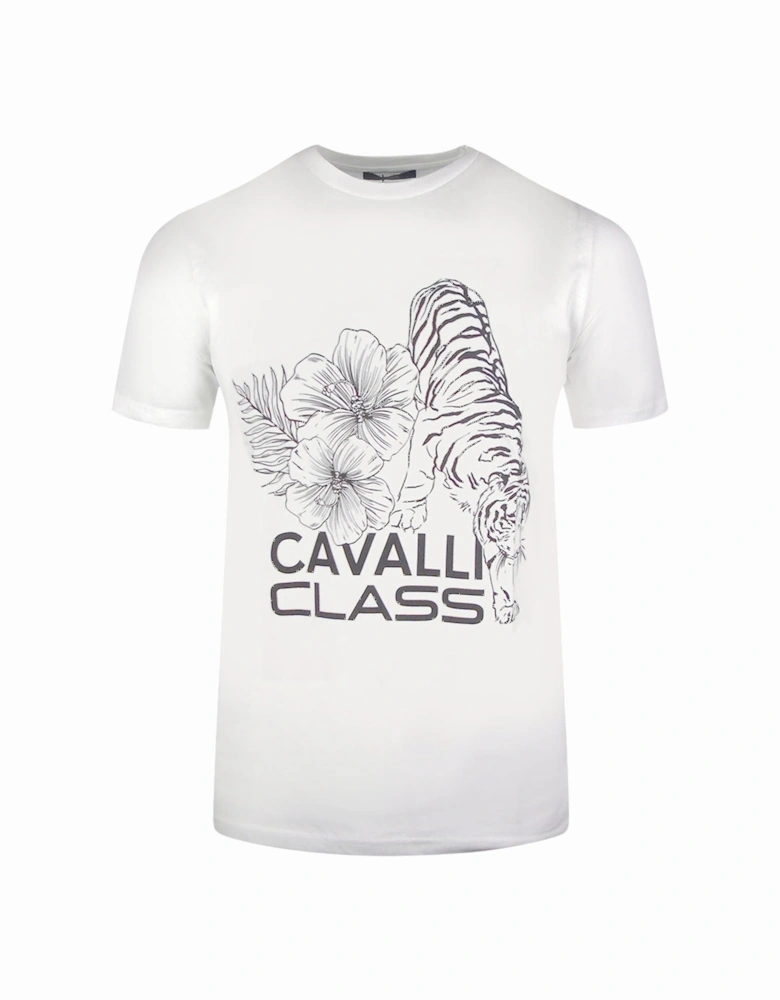 Cavalli Class Floral Tiger Design White T Shirt