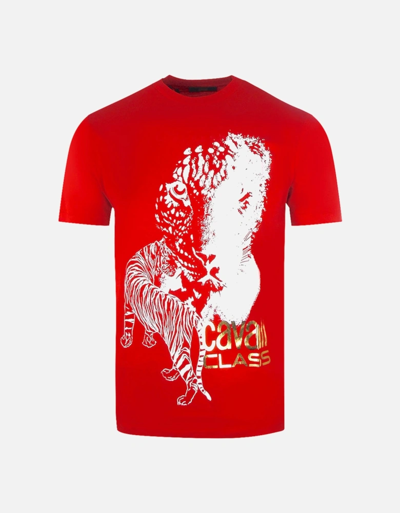 Cavalli Class Large Tiger Design Red T Shirt