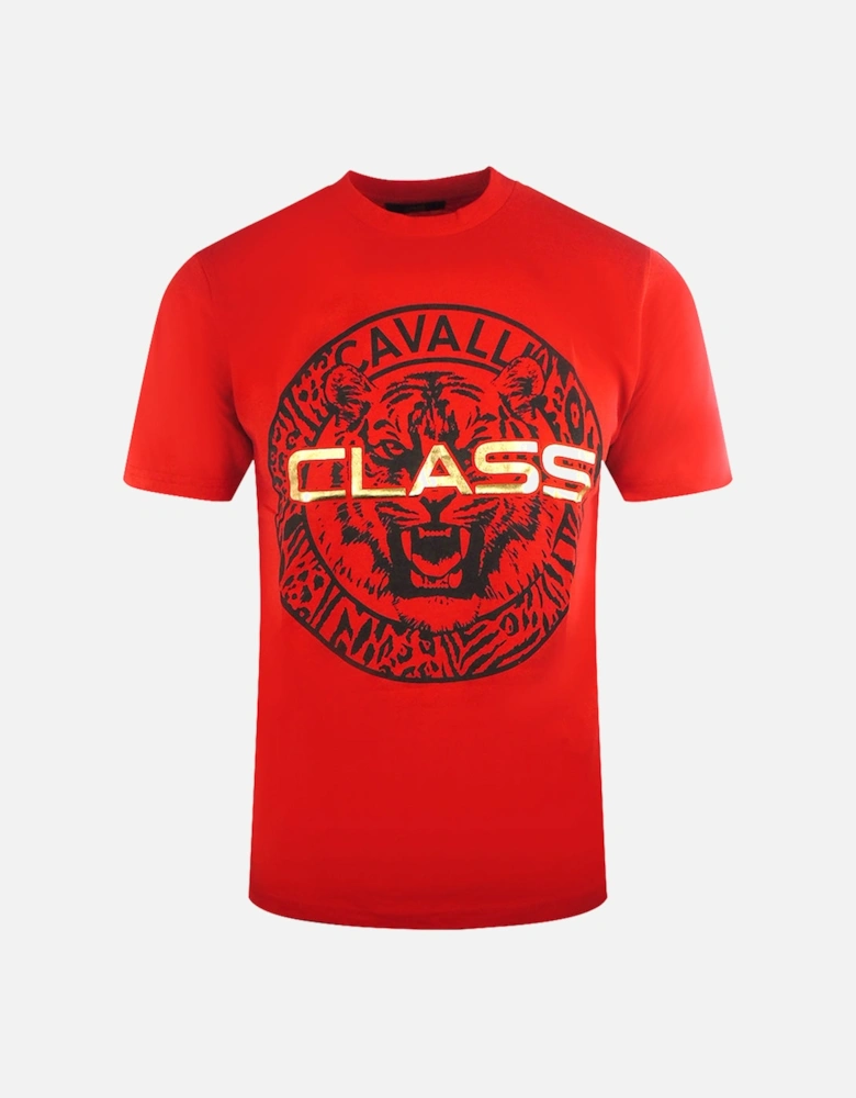 Cavalli Class Circular Tiger Design Red T Shirt