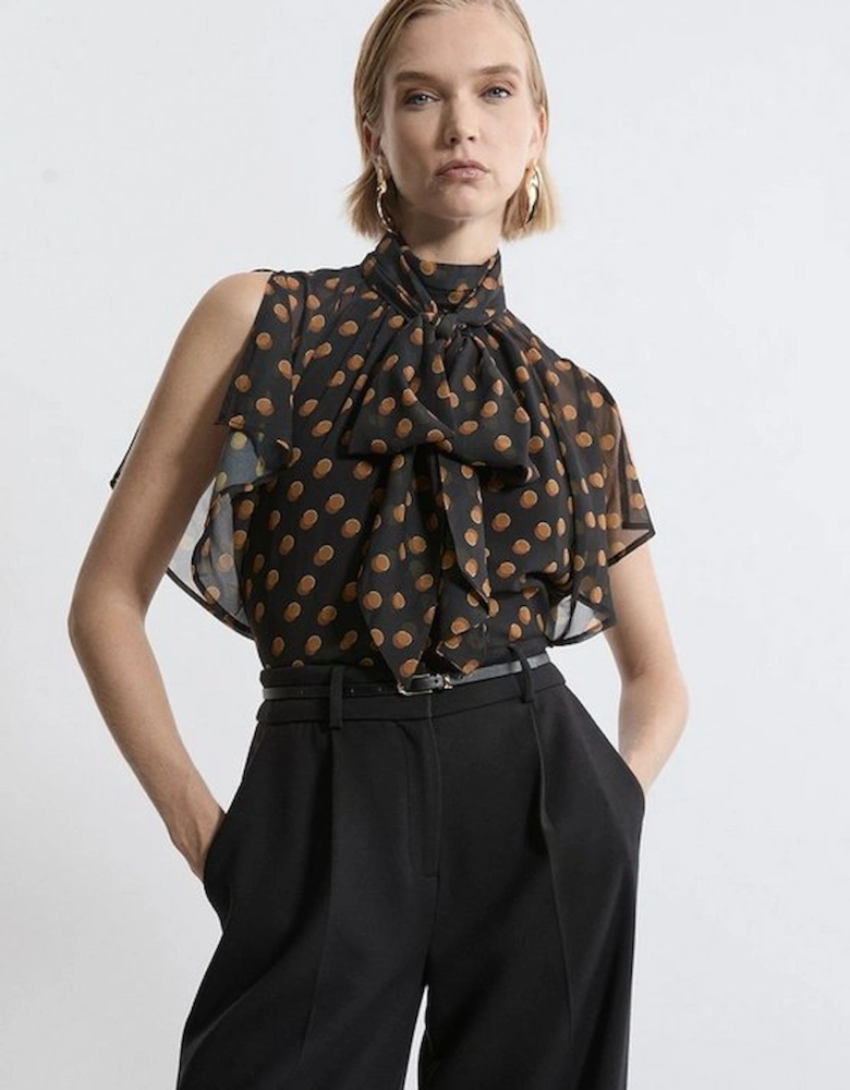 Georgette Spot Pussy Bow Tie Woven Blouse