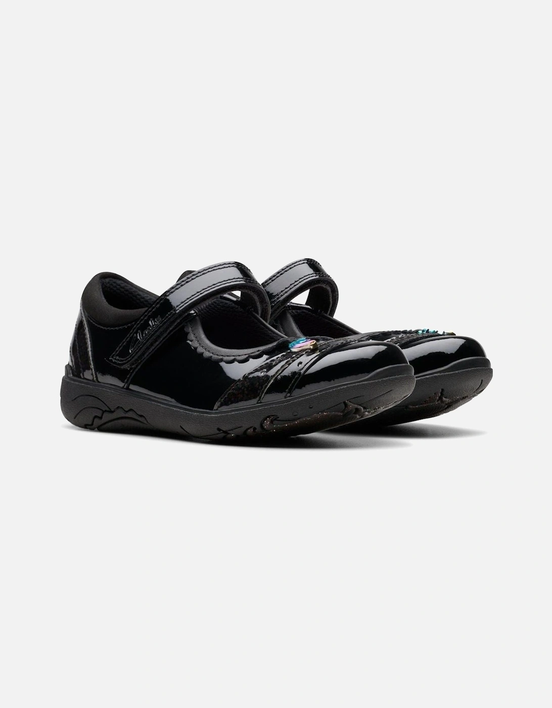 Clarks Unisex Black Relda Spark Patent School Shoe - Size 8 Kids