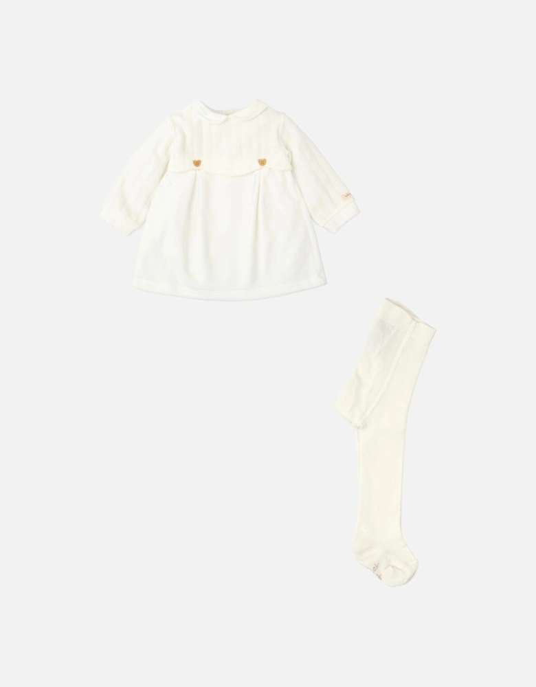 Off White Velour Bear Dress and Tights