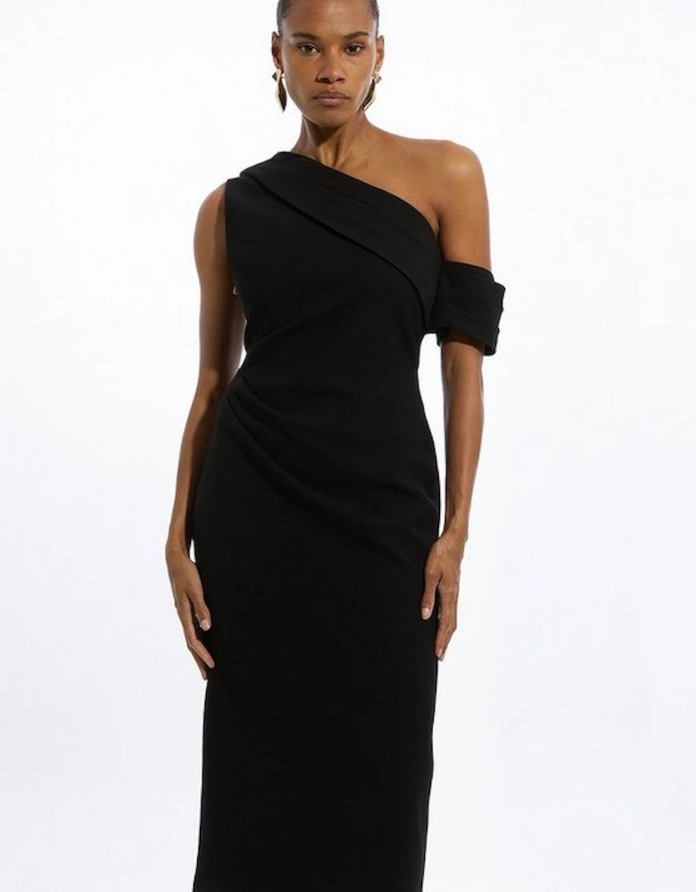 Petite Structured Crepe Asymmetric Tailored Pencil Midi Dress