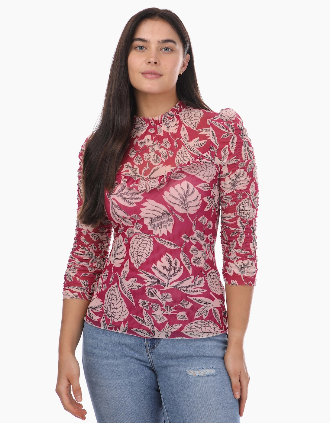 Women's Izabelo Printed Mesh Top with Frills - Pink - Size: 14