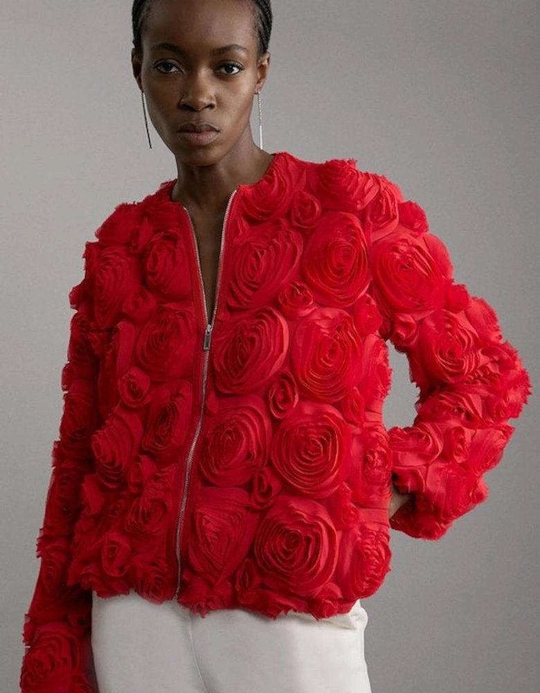 Crinkle Rosette Woven Bomber Jacket