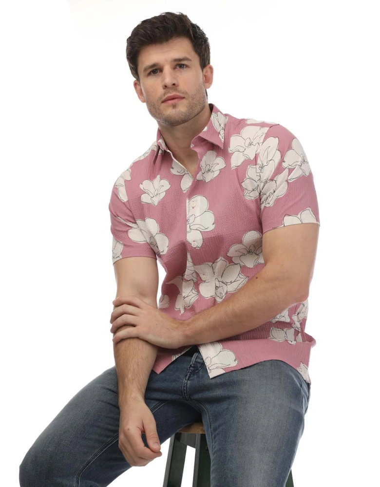 Coving Short Sleeve Seersucker Floral Print Shirt