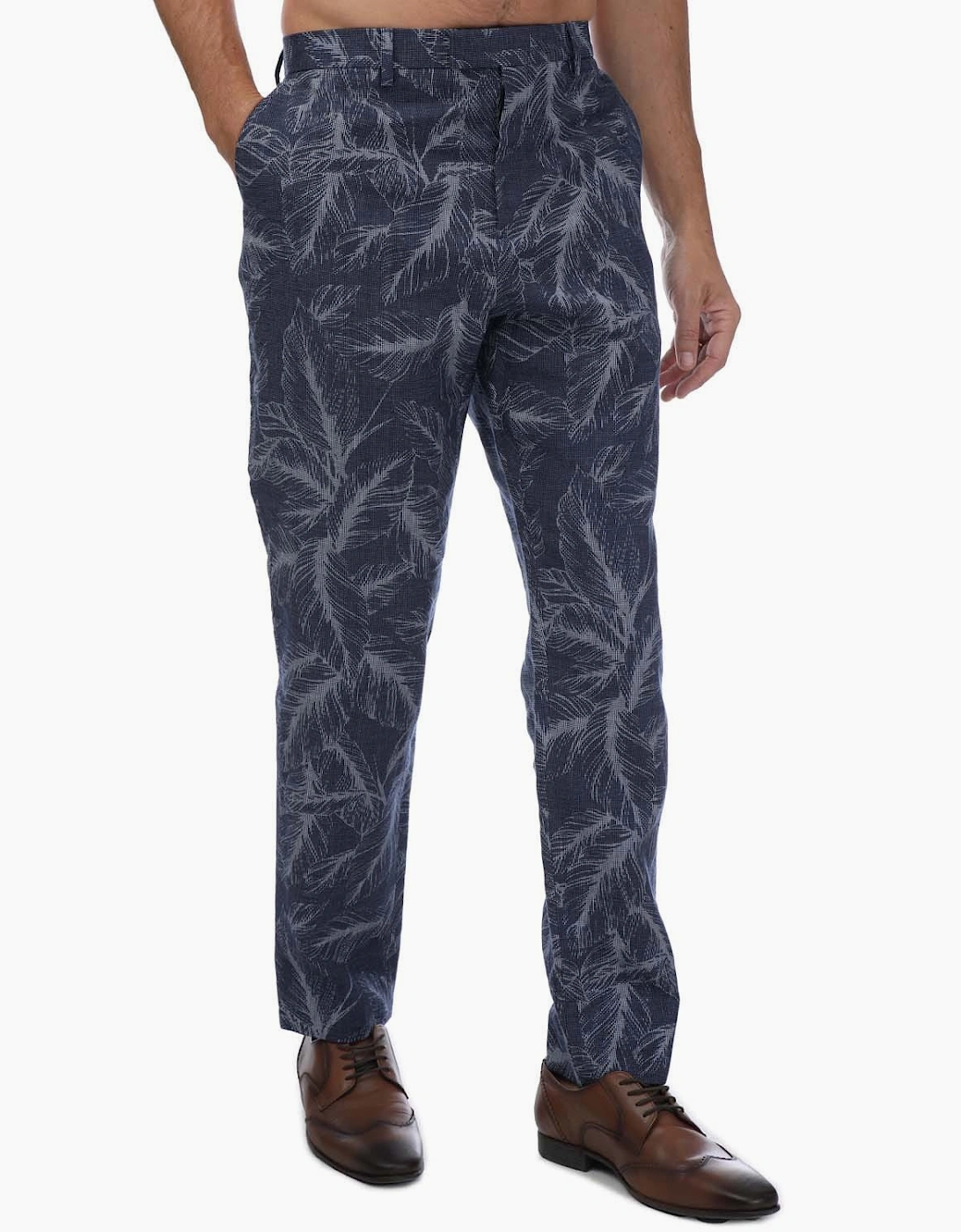 Men's Postot Cotton Linen Printed Trousers - Navy - Size: 36 inch