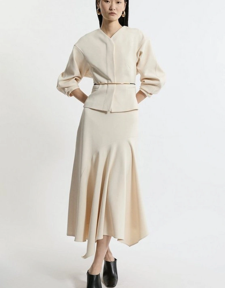 Structured Crepe Tailored Asymmetric Drape Midi Skirt
