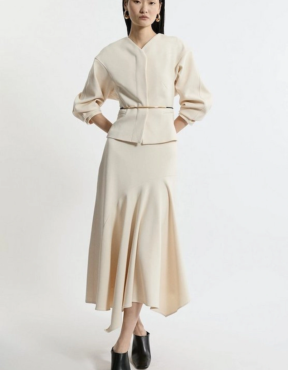 Structured Crepe Tailored Asymmetric Drape Midi Skirt