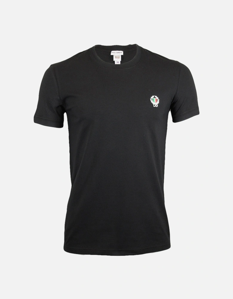 Crew-Neck Stretch Cotton T-Shirt with Crest, Black