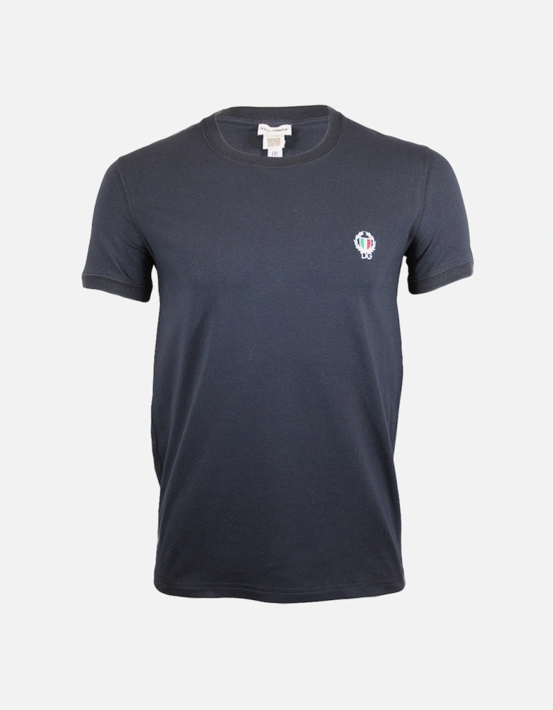 Crew-Neck Stretch Cotton T-Shirt with Crest, Navy Blue