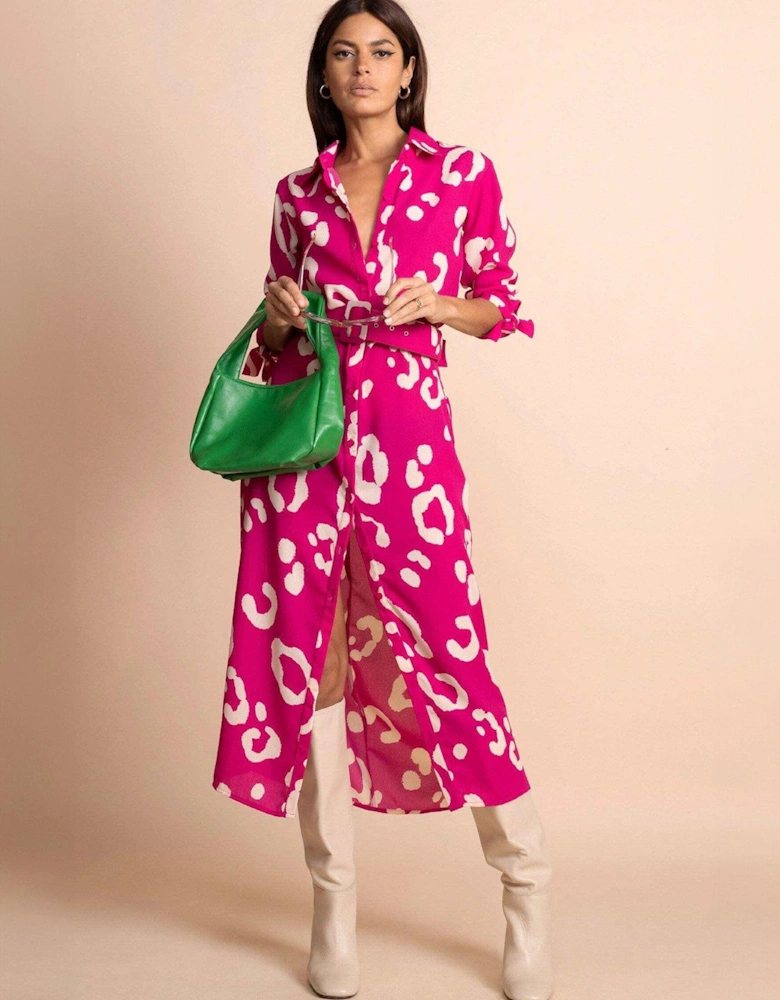 Leopard Print Shirt Midi Dress - Pink