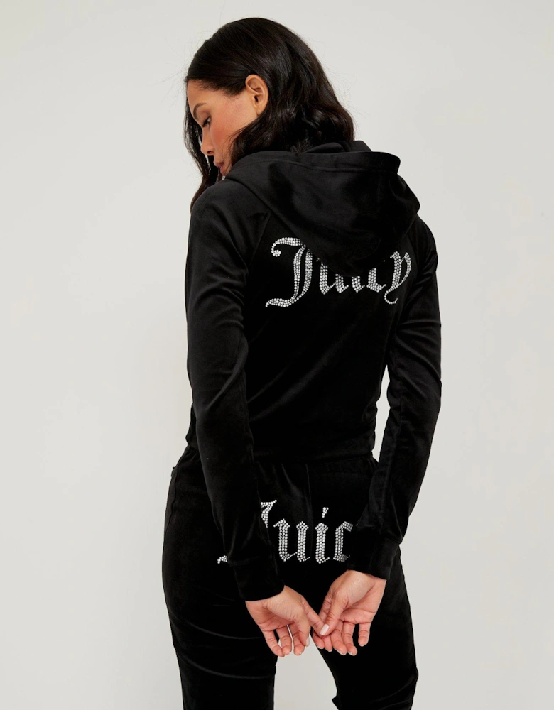 Classic Velour Zip Up Hoodie With Diamante Branding - Black