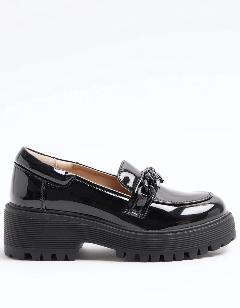 Girls Patent Chain Heeled Loafers - Black