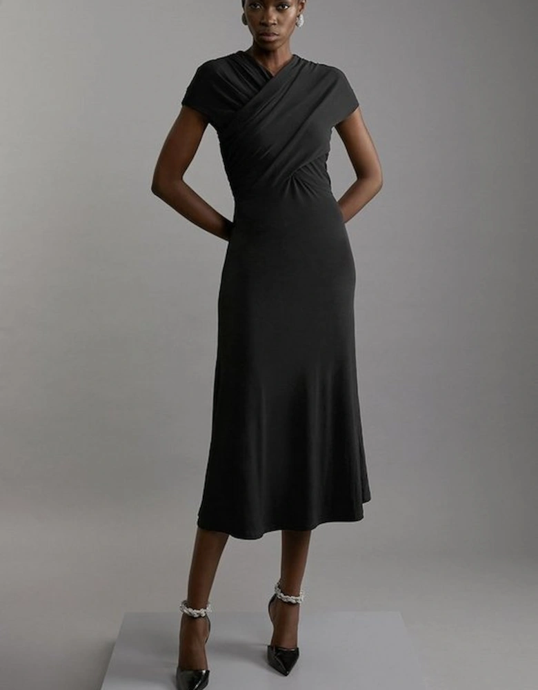 Jersey Crepe Ruched Sleeveless Maxi Dress