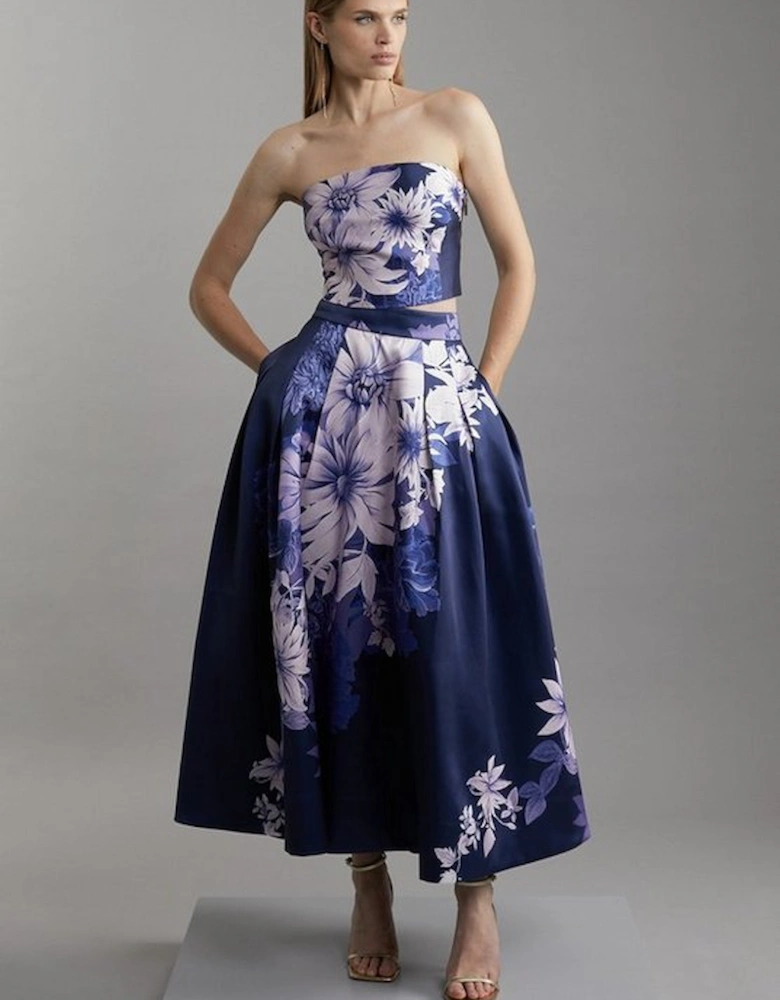 Petite Large Scale Floral Print Woven Prom Midi Skirt