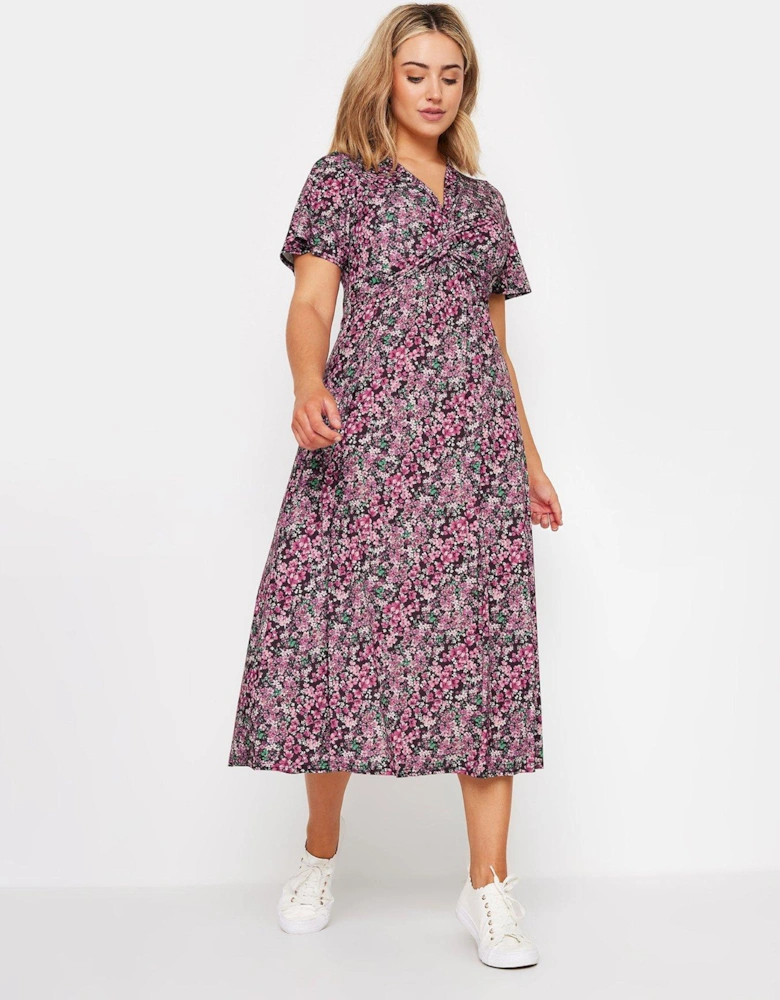 Floral Print Twist Front Short Sleeve Dress - Pink