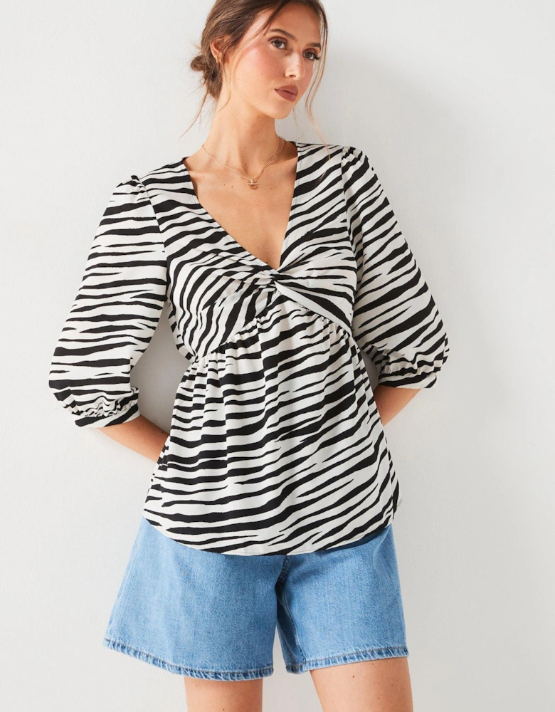 Animal Print Twist Front Blouse - Mono Stripe