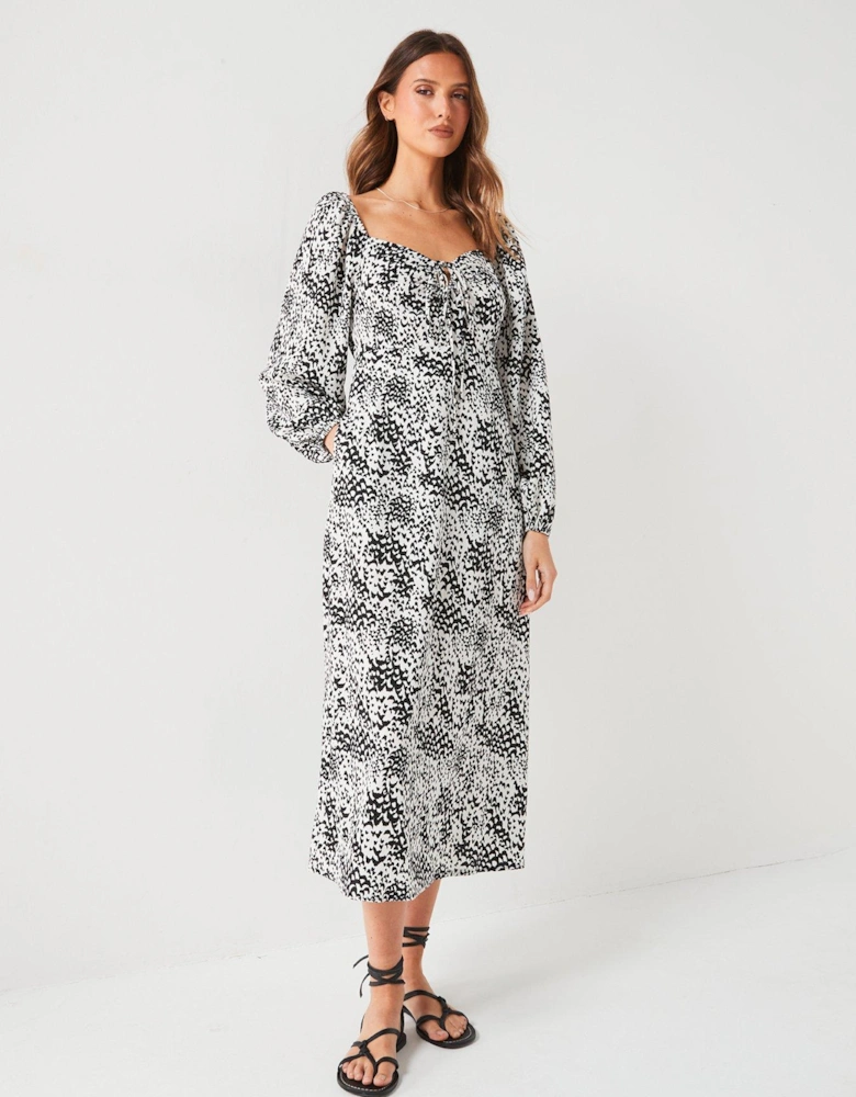 Printed Long Sleeve Midi Dress - Mono