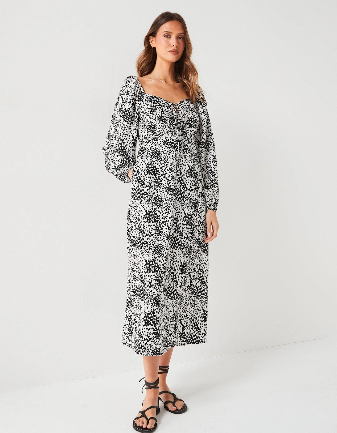 Printed Long Sleeve Midi Dress - Mono, 7 of 6